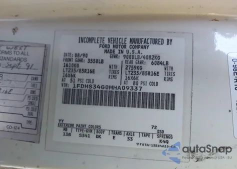 1991 Ford Econoline E350 Super Duty Van z USA, uszkodzony, nr VIN 1FDHS34G0MHA09337